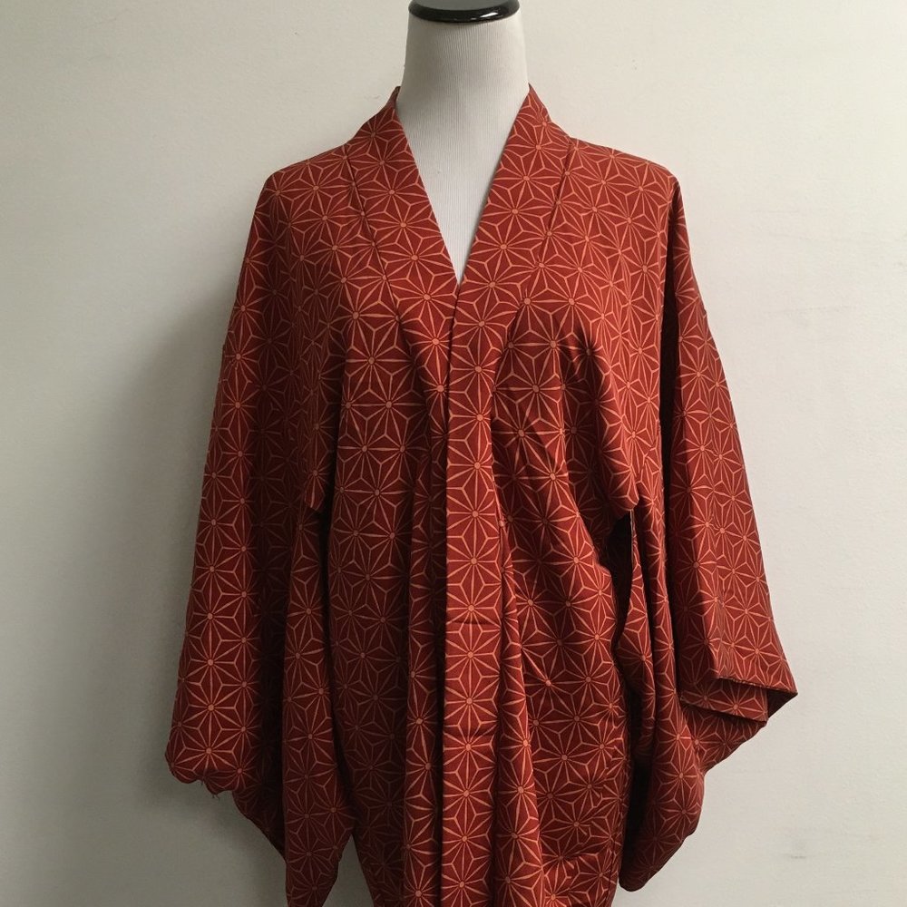 Vintage Japan coral orange geometric silk kimono jacket XS to S